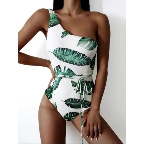 Leaf Print One Shoulder Tummy control Bathing Suit Sz X-large - Picture 1 of 5